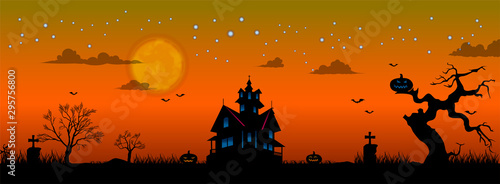 Halloween pumpkins and dark house on blue Moon background, illustration.
