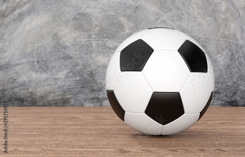 Soccer ball on wooden floor and white cement background, 3d rendering