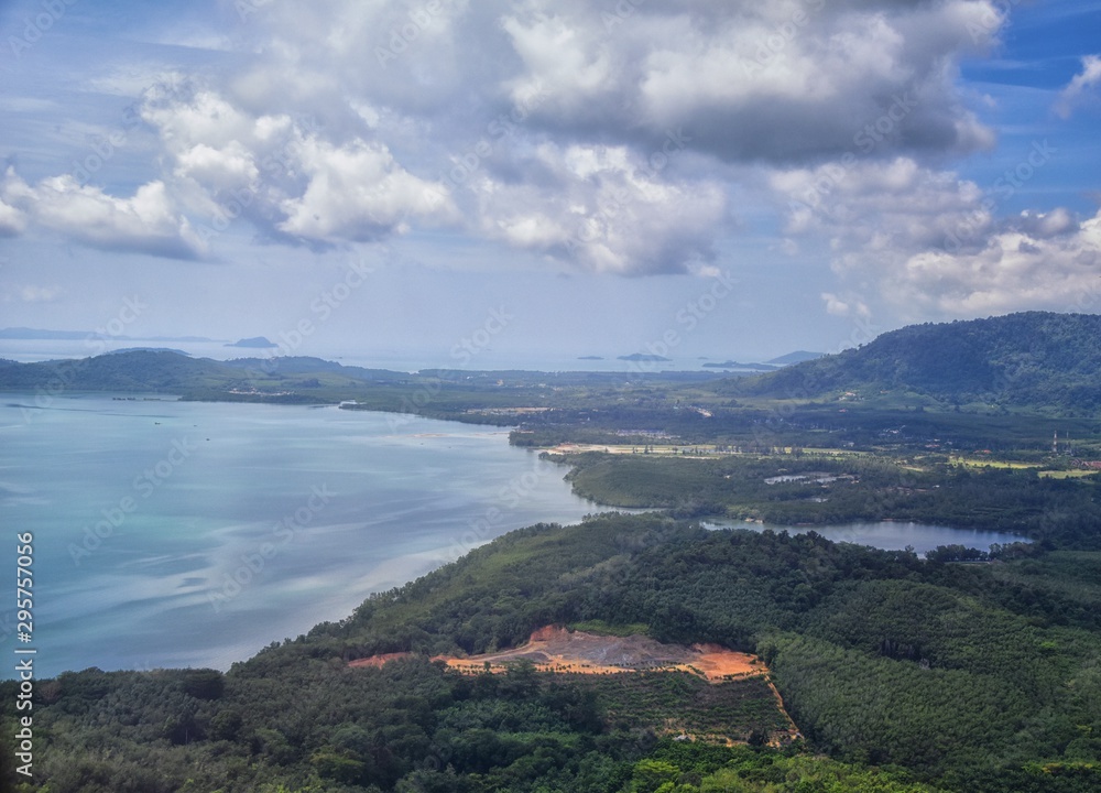 Phuket Thailand aerial drone bird's eye view photo of tropical sea, Indian Ocean, coast with Beautiful island south of Bangkok in the  Andaman Sea, near the Strait of Malacca. Asia. 