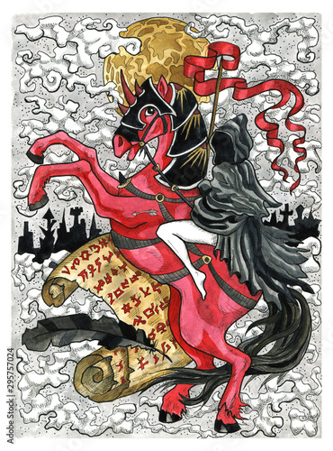 Rider. Girl in black cloak on horse against letter with evil symbols.