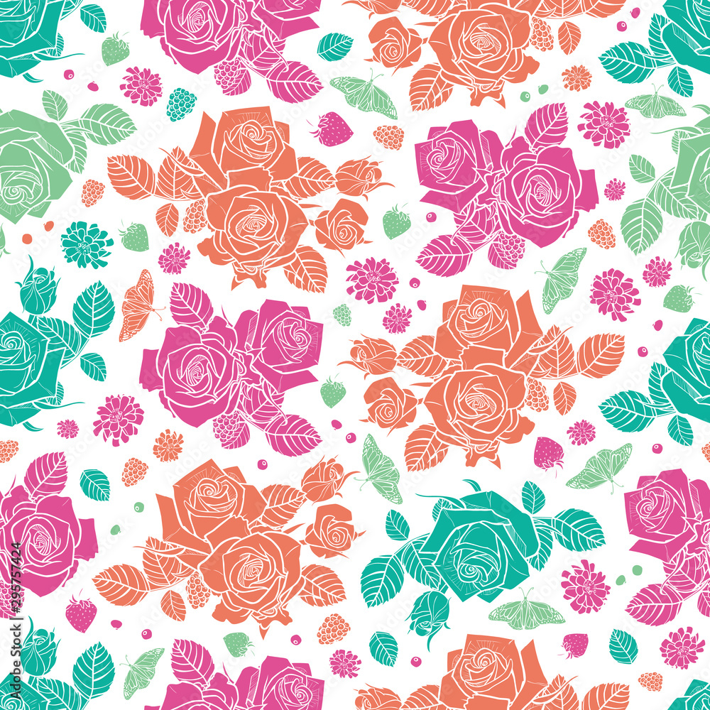 Vector white spaced out roses and berries seamless pattern. Colorful solid elements. Perfect for fabric, scrapbooking and wallpaper projects. Vector white spaced out roses and berries seamless pattern. Colorful solid elements. Perfect for fabric, scrapbooking and wallpaper projects.