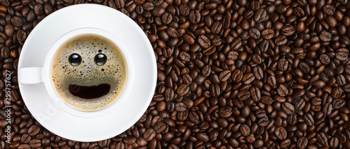 panoramic coffee background of a cup of black coffee with smiling face coffee...