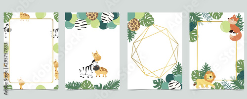 Green collection of jungle frame set with leaf,leaves,fox,lion,balloon vector illustration for birthday invitation,postcard,logo and sticker