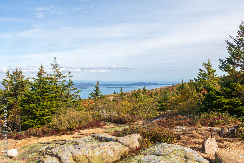 Scenic area at the top of Cadillac Mountain protected by fencing to allow restoration of plant life