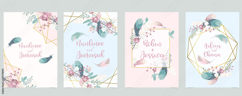 Pink green gold geometry wedding invitation with rose,flower and leaves.Vector birthday invitation for kid and baby.Editable element Pink green gold geometry wedding invitation with rose,flower and leaves.Vector birthday invitation for kid and baby.Editable element