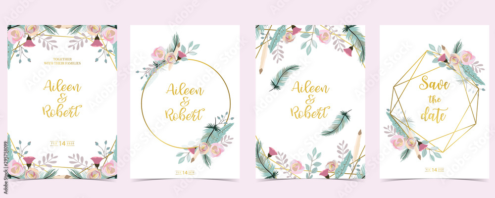 Pink green gold geometry wedding invitation with rose,flower and leaves.Vector birthday invitation for kid and baby.Editable element