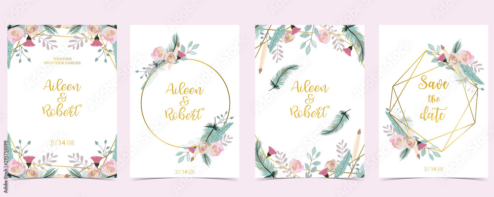 Pink green gold geometry wedding invitation with rose,flower and leaves.Vector birthday invitation for kid and baby.Editable element Pink green gold geometry wedding invitation with rose,flower and leaves.Vector birthday invitation for kid and baby.Editable element