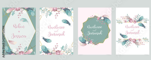Pink green gold geometry wedding invitation with rose,flower and leaves.Vector birthday invitation for kid and baby.Editable element
