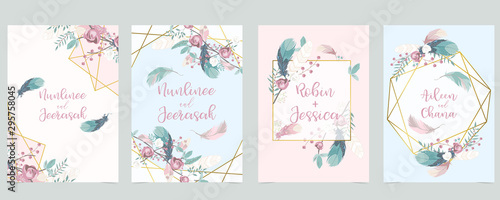 Pink green gold geometry wedding invitation with rose,flower and leaves.Vector birthday invitation for kid and baby.Editable element