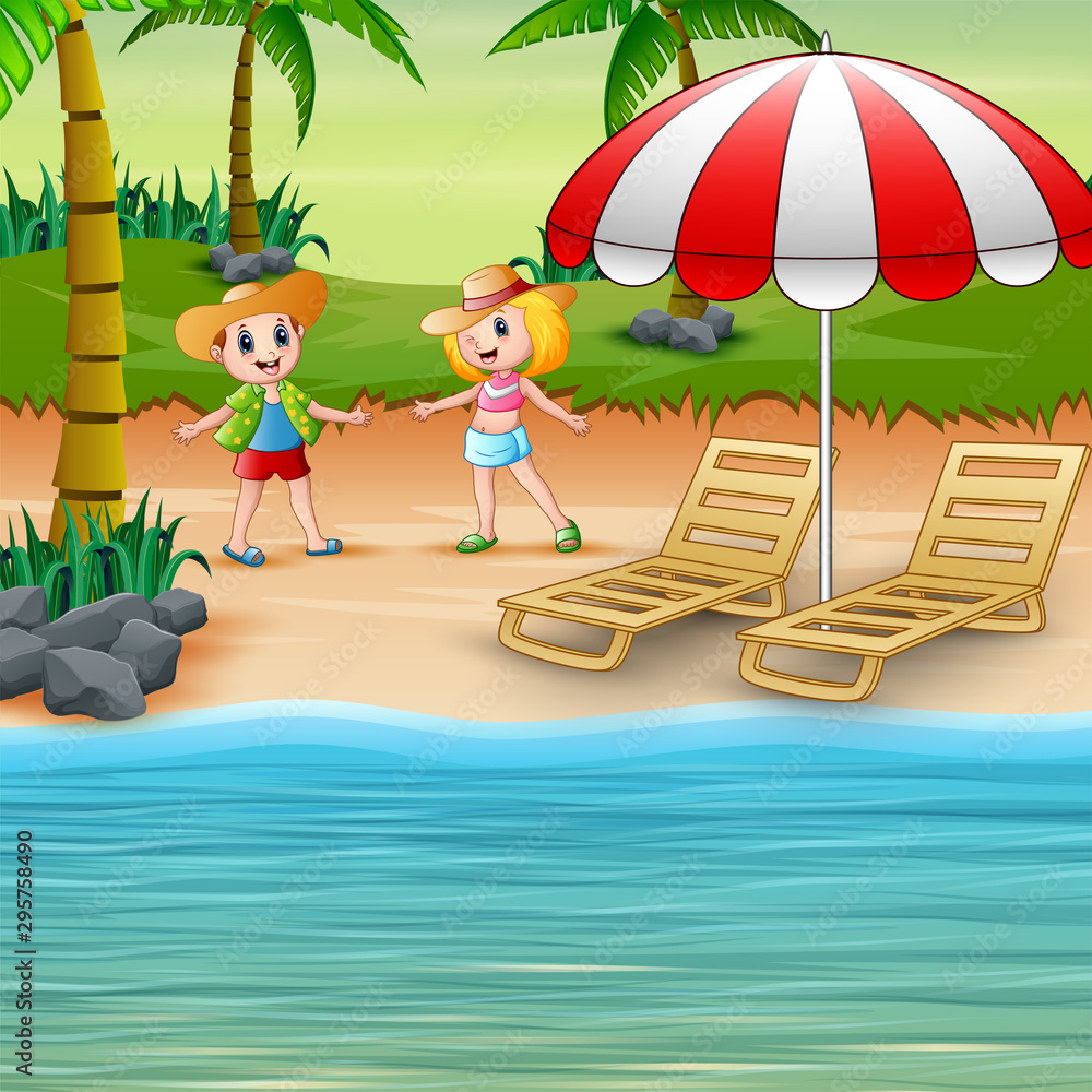 Fototapeta premium Funny children on the beach in a straw hat