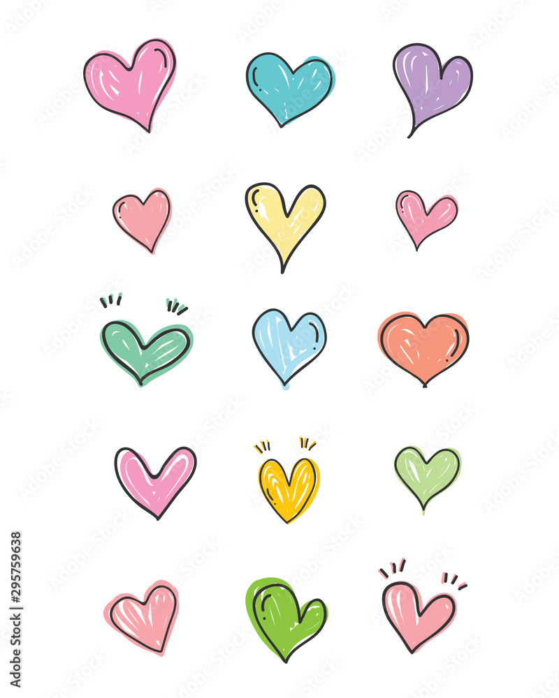 Set of scribble sweet color hearts. Collection of heart shapes draw the hand. Symbol of love. Design elements for Valentine's Day card. Vector colorful hearts. Vector illustration.