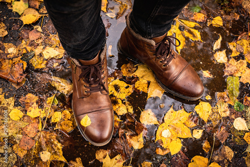 Legs in brown leather boots on wet asfalt with colorful fallen maple leaves around. Concept of fall autumn season, autumn fashion, trendy hipster lifestyle
