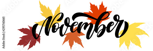 November, sleek script with sparse decorative maple leaves elements. Hand drawn brush lettering for autumn events, posters, and banners. Vector