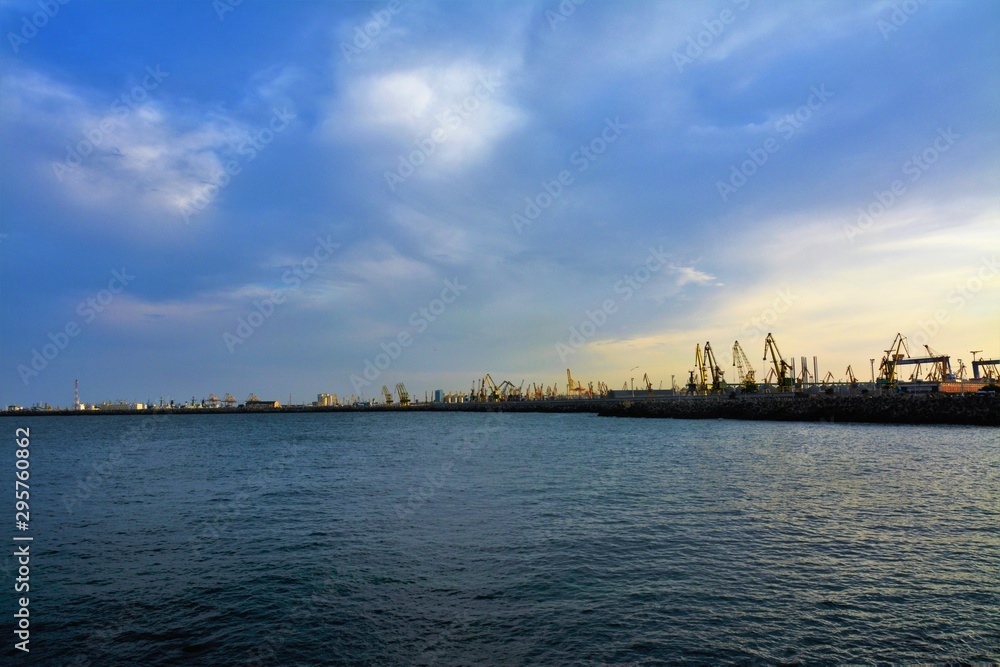Fototapeta premium the silhouettes of the cranes from the Constanta seaport