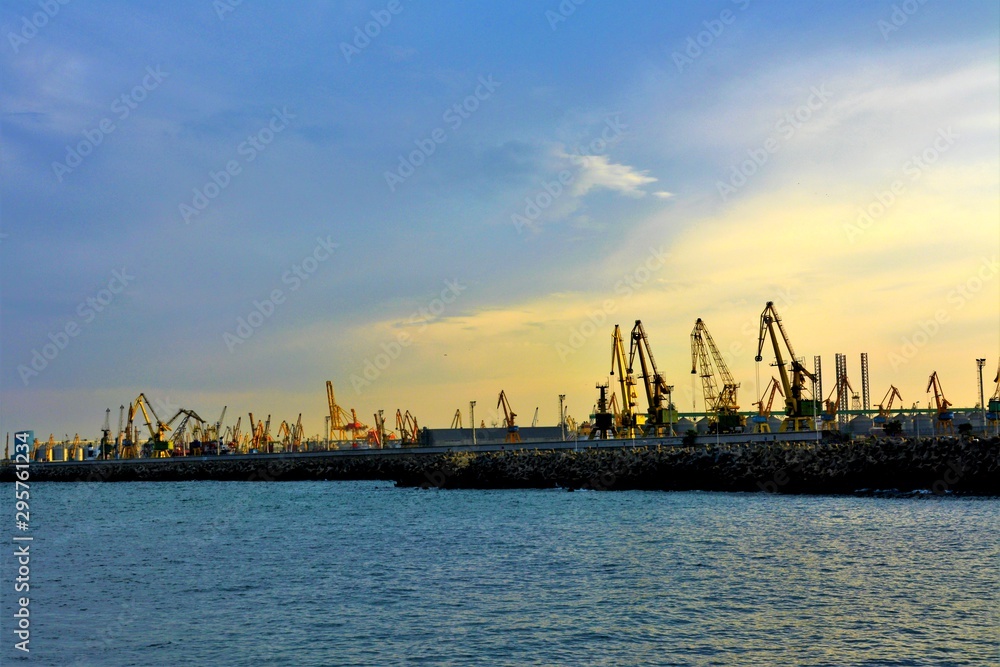 Fototapeta premium the silhouettes of the cranes from the Constanta seaport