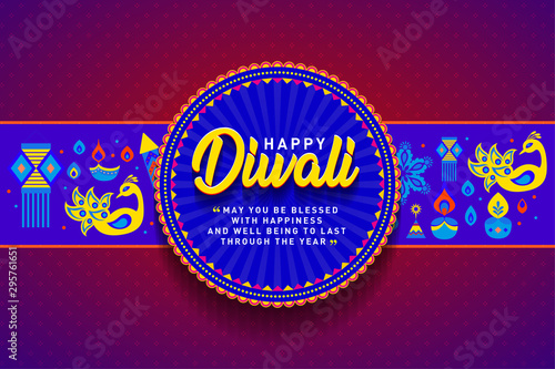Happy Diwali Greetings Card Poster Design, Banner, Logo, Sticker, Concept, Template, Icon, Unit, Label, Web,  Mnemonic with Lamps on festive pattern background. Indian Festival of Light and Fire