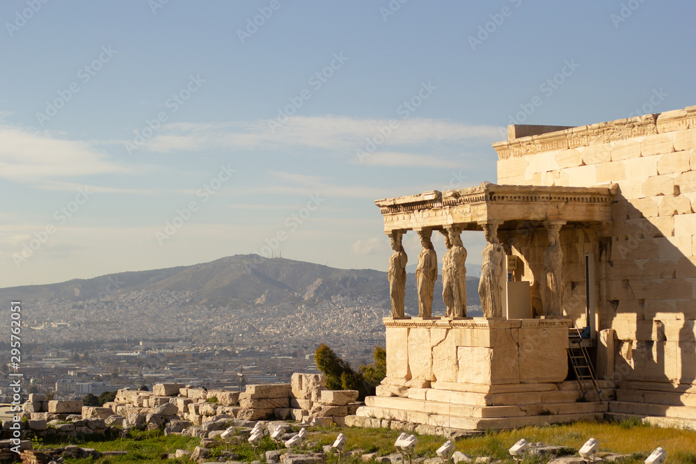 Greek ruins in the Acropolis of Athens, parthenon and caryatids