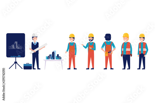 a group of architect and civil egineering meeting and planning building vector illustration