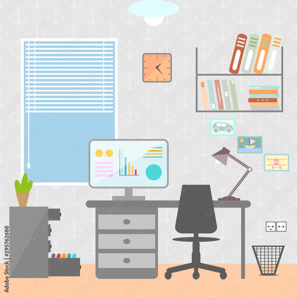 Flat design vector illustration of modern home office interior