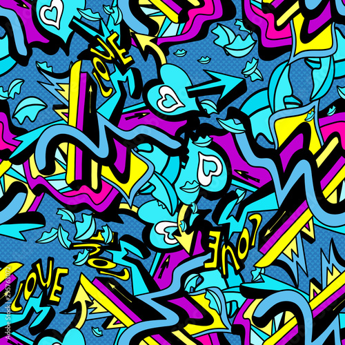 psychedelic graffiti lines and heart on a white background seamless pattern vector illustration