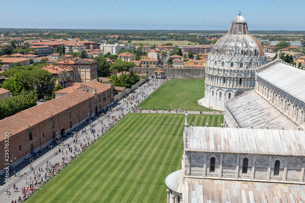 Panoramic view of Piazza del Miracoli with Pisa Cathedral and Baptistery