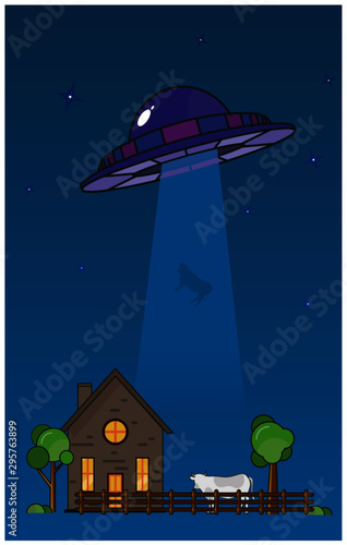 ufo abducting a cow in a farm at night vector