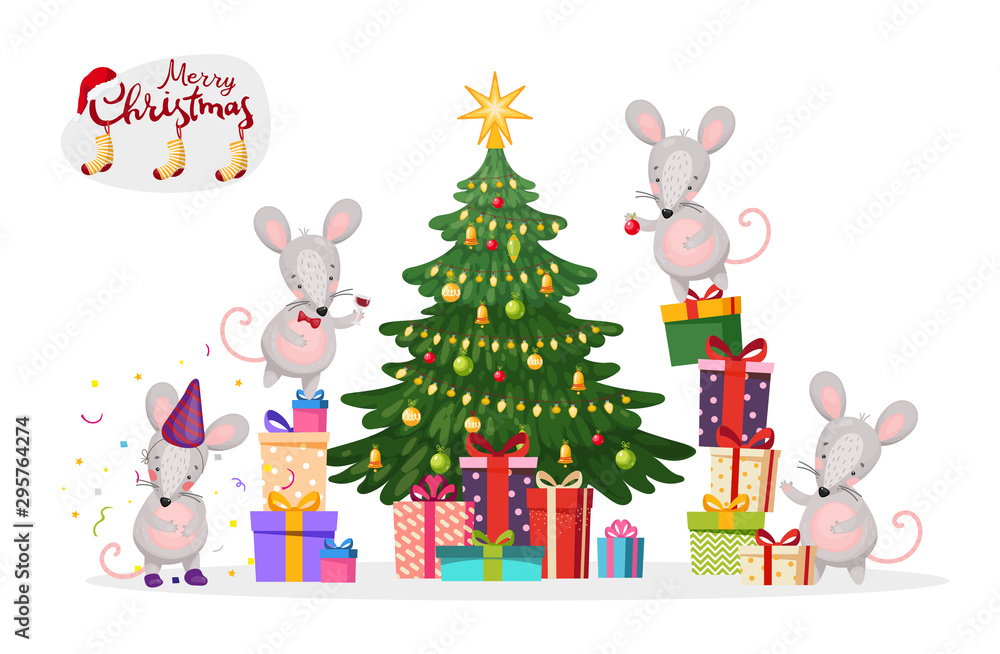 Merry christmas banner. A family of mice decorates a Christmas tree. New Year s mice and rats in cartoon design. Flat vector isolated on white background.