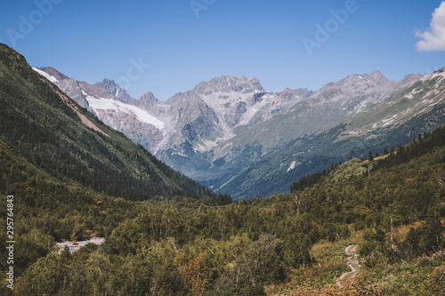 Close up view mountains and river scenes in national park Dombay  Caucasus