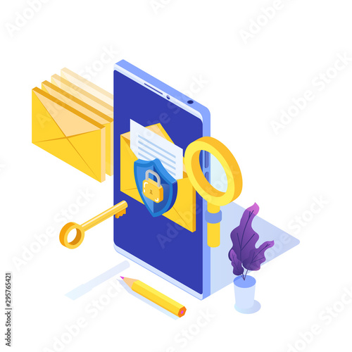 Protecting computer data, Email encryption isometric concept. Vector illustration.