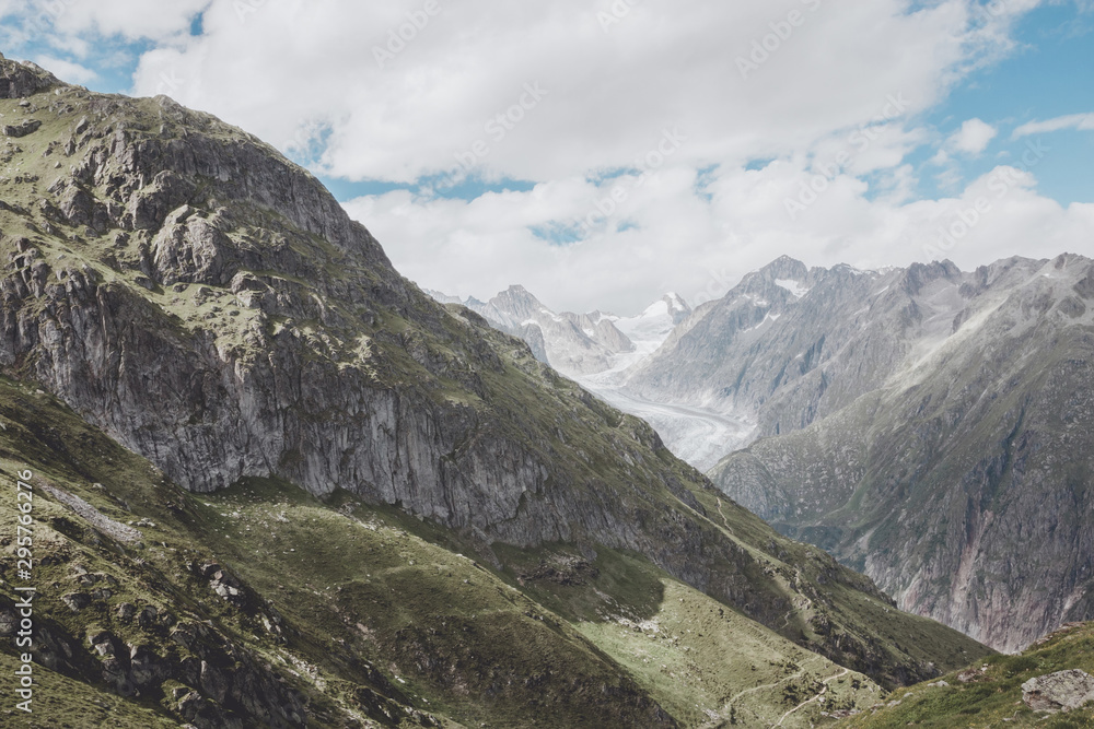 View closeup mountains scene, route great Aletsch Glacier