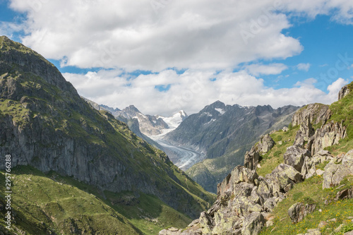 View closeup mountains scene, route great Aletsch Glacier