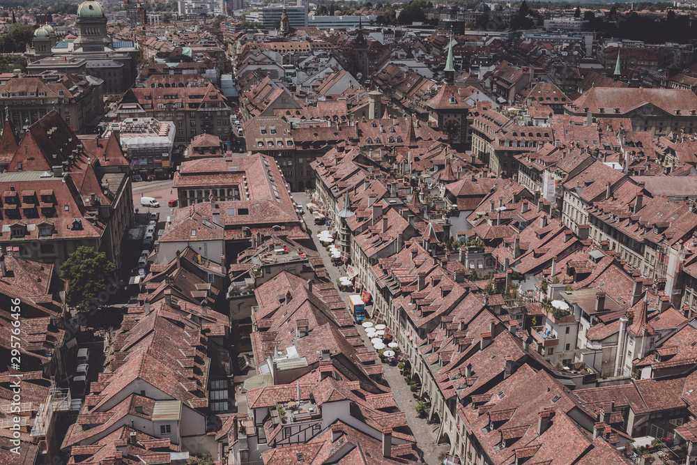 Obraz premium Aerial panorama of historic Bern city center from Bern Minster, Switzerland
