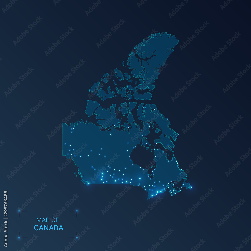 Canada map with cities. Luminous dots - neon lights on dark background. Vector illustration.