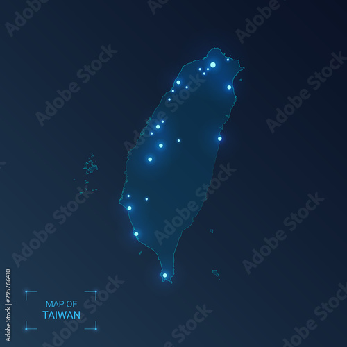 Taiwan map with cities. Luminous dots - neon lights on dark background. Vector illustration.