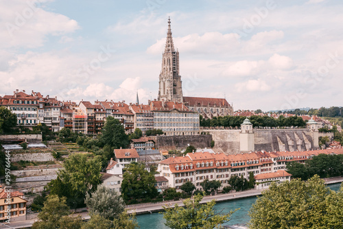 Panoramic view on Bern Minster and historic old town of Bern