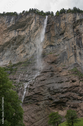 View closeup waterfall Staubbach fall in mountains  valley of waterfalls