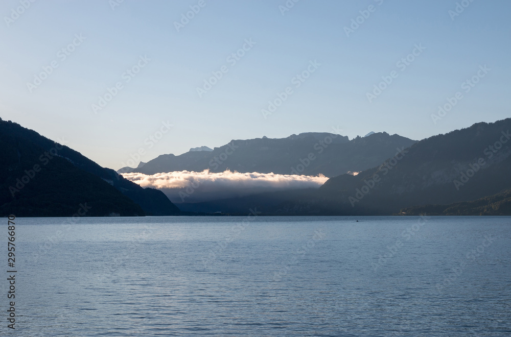 View on lake Thun and mountains, city Spiez, Switzerland, Europe