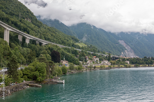 View on lake Zeneva and mountains  city Montreux  Switzerland  Europe