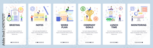 Mobile app onboarding screens. Business plan and briefing, lunch time, teamwork, winner trophy. Menu vector banner template for website and mobile development. Web site design flat illustration