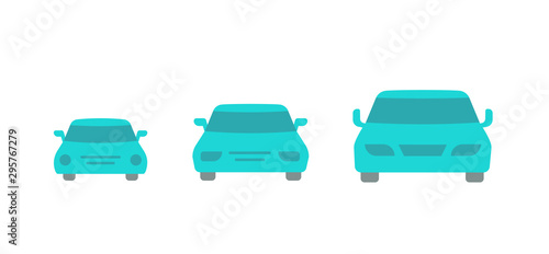 Car size. Small, medium and large. Transfer variation. Taxi options. Front view. Blue vector icons.