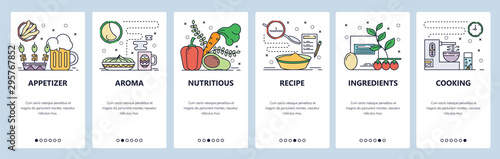 Mobile app onboarding screens. Cooking food, vegetables, recipe, ingredients, lunch meal. Menu vector banner template for website and mobile development. Web site design flat illustration