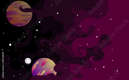 Vector space background . Cute flat style template with Stars  Planet and Moon in Outer space