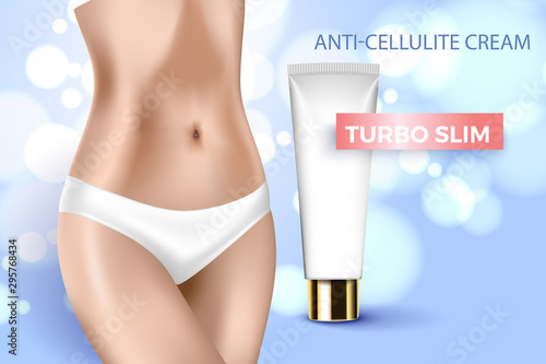 vector illustration with anticellulite cream. Realistic female body slim and a tube of cream. Template for advertising
