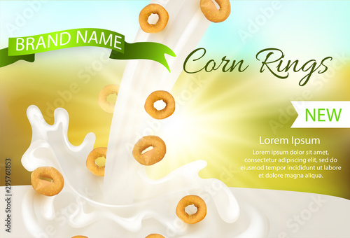 Realistic vector. 3d illustration with a splash milk and corn rings. Element for design packaging,advertising for sales fast breakfasts, healthy foods,template advertising