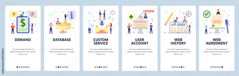 Mobile app onboarding screens. Business contract, database, user profile account, web history, team work. Menu vector banner template for website and mobile development. Web site flat illustration