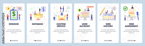 Mobile app onboarding screens. Business contract, database, user profile account, web history, team work. Menu vector banner template for website and mobile development. Web site flat illustration