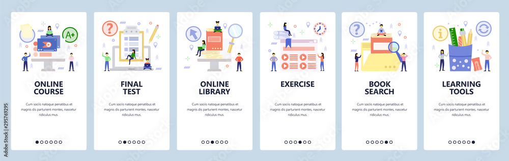 Mobile app onboarding screens. Online education, video lecture and course tutorial, digital library. Menu vector banner template for website and mobile development. Web site design flat illustration - obrazy, fototapety, plakaty 
