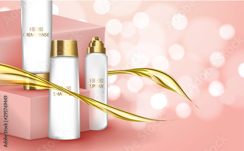 A realistic template cosmetic package. 3d splash of liquid oil. Splashing argan oil, hair protection cosmetics product pack design and realistic pink paper boxes on a pink background.