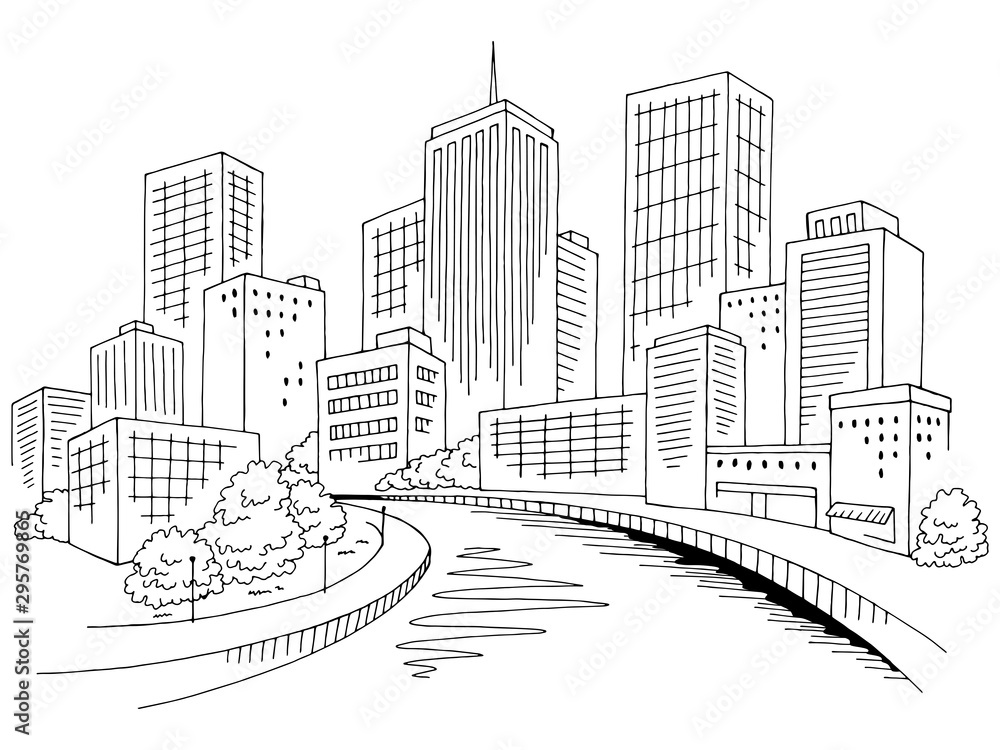 City river graphic black white cityscape skyline sketch illustration vector  Stock Vector | Adobe Stock