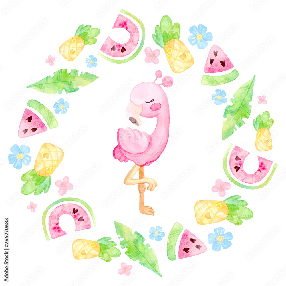 Hand painted watercolor. Cute cartoon illustration. Round wreath. Warm tropics. Flamingo, pineapple, watermelon, leaves, flowers. Isolated on white background Hand painted watercolor. Cute cartoon illustration. Round wreath. Warm tropics. Flamingo, pineapple, watermelon, leaves, flowers. Isolated on white background